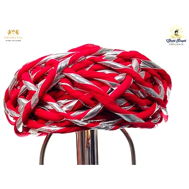 S H A H I T A J Traditional Rajasthani Cotton Red Vantma or Rope Pagdi Safa or Turban with Silver Gota Patti for Kids and Adults (RT501)-ST621_18andHalf