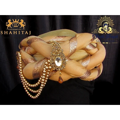 S H A H I T A J Traditional Rajasthani Silk Golden Vantma or Barmeri Pagdi Safa or Turban with Brooch for Kids and Adults (RT514)-ST634_22andHalf