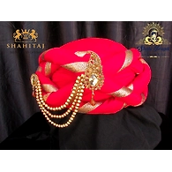 S H A H I T A J Traditional Rajasthani Silk Red Vantma or Barmeri Pagdi Safa or Turban with Brooch for Kids and Adults (RT515)