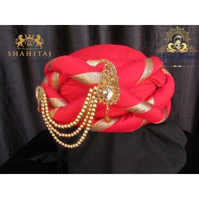 S H A H I T A J Traditional Rajasthani Silk Red Vantma or Barmeri Pagdi Safa or Turban with Brooch for Kids and Adults (RT515)-ST635_20andHalf