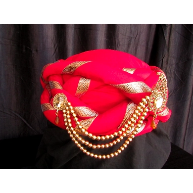 S H A H I T A J Traditional Rajasthani Silk Red Vantma or Barmeri Pagdi Safa or Turban with Brooch for Kids and Adults (RT515)-18-4