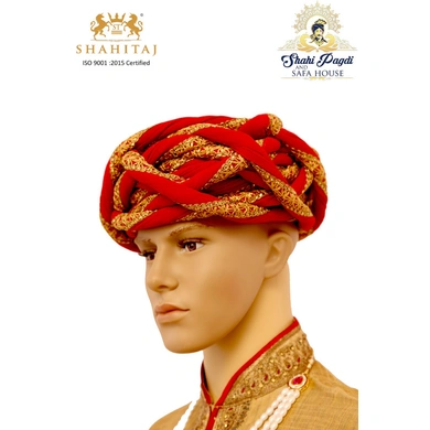 S H A H I T A J Traditional Rajasthani Silk Red &amp; Golden Vantma or Rope Pagdi Safa or Turban for Kids and Adults (RT517)-ST637_18andHalf