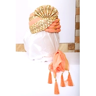 S H A H I T A J Traditional Rajasthani Wedding Peach & Golden Brocade Pagdi Safa or Turban for Groom or Dulha (RT540)