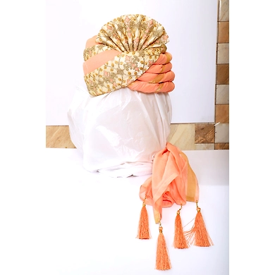 S H A H I T A J Traditional Rajasthani Wedding Peach &amp; Golden Brocade Pagdi Safa or Turban for Groom or Dulha (RT540)-ST663_21andHalf