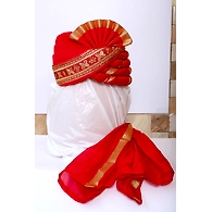 S H A H I T A J Traditional Rajasthani Wedding Red Brocade and Silk Pagdi Safa or Turban for Groom or Dulha (RT546)