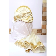 S H A H I T A J Traditional Rajasthani Wedding White & Golden Silk Pagdi Safa or Turban for Groom or Dulha (RT550)