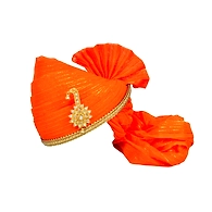 S H A H I T A J Traditional Rajasthani Jodhpuri Cotton Orange Wedding Groom or Dulha Straight Line Pagdi Safa or Turban for Kids and Adults (RT618)