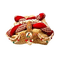 S H A H I T A J Designer Maharani Brocade & Velvet Designer Red & Golden Women & Girls Pagdi Safa or Turban with Beautiful Pearls (DT641)