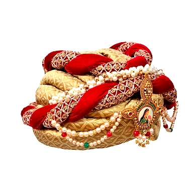 S H A H I T A J Designer Maharani Brocade &amp; Velvet Designer Red &amp; Golden Women &amp; Girls Pagdi Safa or Turban with Beautiful Pearls (DT641)-18-3