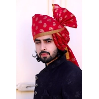 S H A H I T A J Traditional Rajasthani Wedding Barati Chanderi Silk Printed Jodhpuri & Rajputi Maroon Foil Pagdi Safa or Turban for Kids and Adults (CT230)