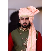S H A H I T A J Traditional Rajasthani Wedding Barati Chanderi Silk Printed Peach Foil Udaipuri Pagdi Safa or Turban for Kids and Adults (CT233)