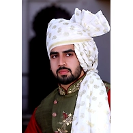 S H A H I T A J Traditional Rajasthani Wedding Barati Chanderi Silk Printed White Foil Udaipuri Pagdi Safa or Turban for Kids and Adults (CT666)