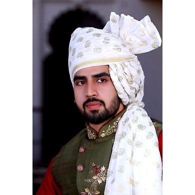 S H A H I T A J Traditional Rajasthani Wedding Barati Chanderi Silk Printed White Foil Udaipuri Pagdi Safa or Turban for Kids and Adults (CT666)-ST792_19