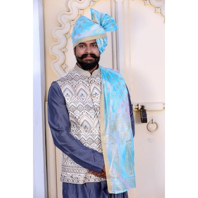 S H A H I T A J Traditional Rajasthani Wedding Barati Chanderi Silk Printed Sky Blue Foil Jodhpuri Pagdi Safa or Turban for Kids and Adults (CT668)-23.5-3