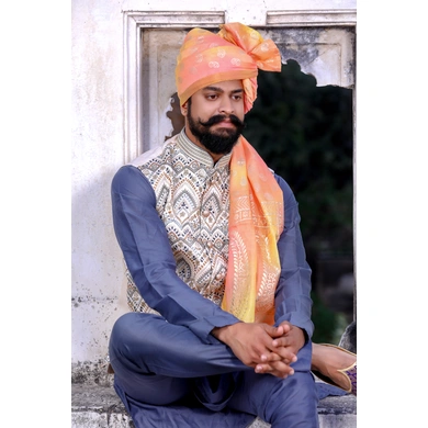 S H A H I T A J Traditional Rajasthani Wedding Barati Chanderi Silk Printed Peach Foil Jodhpuri Pagdi Safa or Turban for Kids and Adults (CT669)-23-3