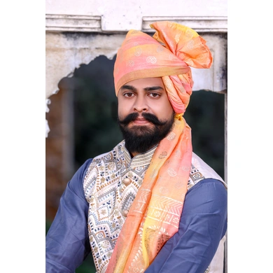 S H A H I T A J Traditional Rajasthani Wedding Barati Chanderi Silk Printed Peach Foil Jodhpuri Pagdi Safa or Turban for Kids and Adults (CT669)-ST795_21andHalf