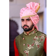 S H A H I T A J Traditional Rajasthani Wedding Barati Chanderi Silk Printed Baby Pink Foil Udaipuri & Rajputi Pagdi Safa or Turban for Kids and Adults (CT228)