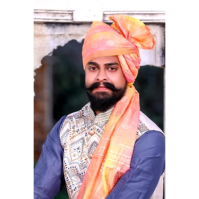 S H A H I T A J Traditional Rajasthani Wedding Barati Chanderi Silk Printed Peach Foil Jodhpuri Pagdi Safa or Turban for Kids and Adults (CT669)-ST795_18