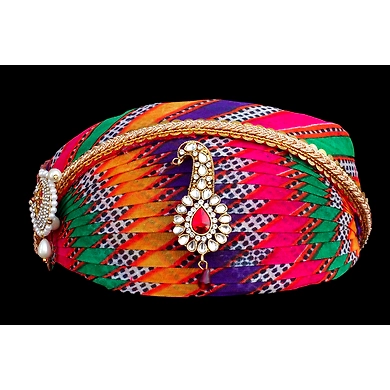S H A H I T A J Traditional Rajasthani Cotton Mewadi Multi-Colored Mothda Pagdi or Turban with Pachewadi Brooch and Chandrma for Kids and Adults (MT290)-ST386_18