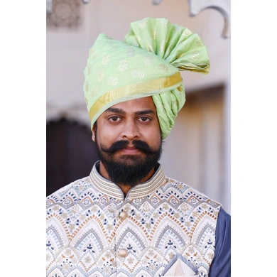 S H A H I T A J Traditional Rajasthani Wedding Barati Chanderi Silk Printed Mint Green Foil Udaipuri Pagdi Safa or Turban for Kids and Adults (CT234)-ST314_18