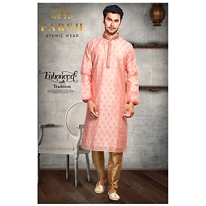 S H A H I T A J Traditional Peach Dotted Barati/Groom/Social Occasions Silk Kurta Pajama for Adults (MW763)