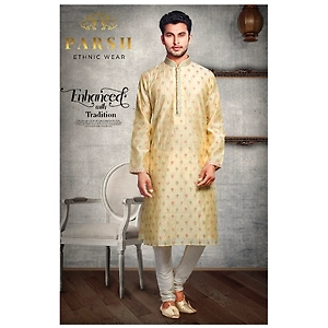 S H A H I T A J Traditional Golden Dotted Barati/Groom/Social Occasions Silk Kurta Pajama for Adults (MW764)