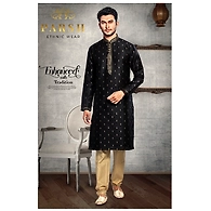 S H A H I T A J Traditional Black Dotted Barati/Groom/Social Occasions Silk Kurta Pajama for Adults (MW765)