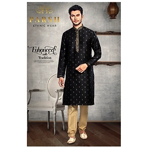 S H A H I T A J Traditional Black Dotted Barati/Groom/Social Occasions Silk Kurta Pajama for Adults (MW765)