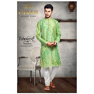 S H A H I T A J Traditional Green Dotted Barati/Groom/Social Occasions Silk Kurta Pajama for Adults (MW766)