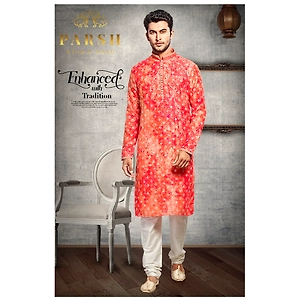 S H A H I T A J Traditional Multi-Colored Dotted Barati/Groom/Social Occasions Silk Kurta Pajama for Adults (MW768)