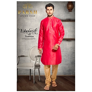 S H A H I T A J Traditional Red Dotted Barati/Groom/Social Occasions Silk Kurta Pajama for Adults (MW769)