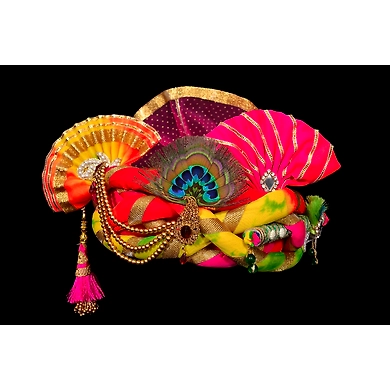 S H A H I T A J Traditional Rajasthani Silk Multi-Colored Krishna Bhagwan Pagdi Safa or Turban for God's Idol/Kids/Adults (RT298)-ST451_Kids