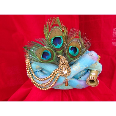 S H A H I T A J Traditional Rajasthani Blue Silk Printed Krishna Bhagwan Pagdi Safa or Turban for God's Idol/Kids/Adults (RT303)-ST456_Large