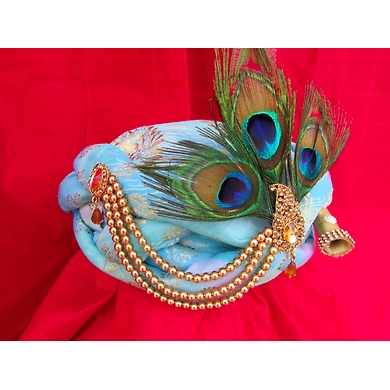 S H A H I T A J Traditional Rajasthani Blue Silk Printed Krishna Bhagwan Pagdi Safa or Turban for God's Idol/Kids/Adults (RT303)-For Miniature God's Idol (3 inches to 16 inches)-4