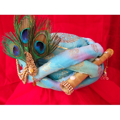 S H A H I T A J Traditional Rajasthani Blue Silk Printed Krishna Bhagwan Pagdi Safa or Turban for God's Idol/Kids/Adults (RT303)-For Miniature God's Idol (3 inches to 16 inches)-3
