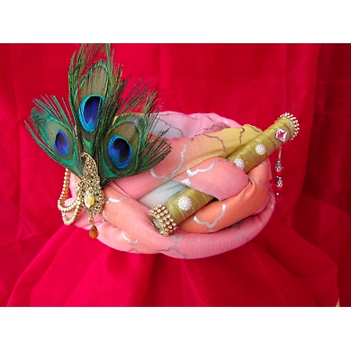 S H A H I T A J Traditional Rajasthani Peach Silk Printed Krishna Bhagwan Pagdi Safa or Turban for God's Idol/Kids/Adults (RT301)-For Miniature God's Idol (3 inches to 16 inches)-3
