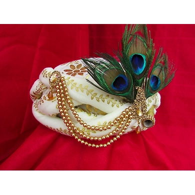 S H A H I T A J Traditional Rajasthani White Silk Printed Krishna Bhagwan Pagdi Safa or Turban for God's Idol/Kids/Adults (RT302)-For Miniature God's Idol (3 inches to 16 inches)-3