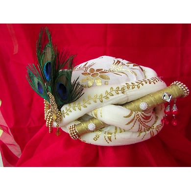 S H A H I T A J Traditional Rajasthani White Silk Printed Krishna Bhagwan Pagdi Safa or Turban for God's Idol/Kids/Adults (RT302)-For Miniature God's Idol (3 inches to 16 inches)-4