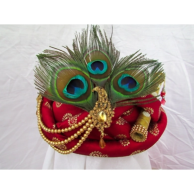 S H A H I T A J Traditional Rajasthani Maroon Silk Printed Krishna Bhagwan Pagdi Safa or Turban for God's Idol/Kids/Adults (RT300)-ST404_Adults