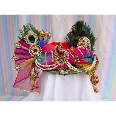 S H A H I T A J Traditional Rajasthani Multi-Colored Silk Krishna Bhagwan Pagdi Safa or Turban for God's Idol/Kids/Adults (RT304)-ST412_Adults