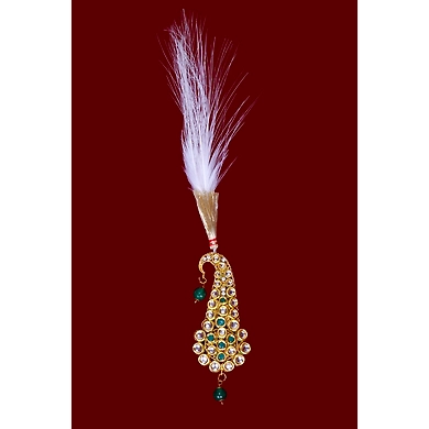 S H A H I T A J Traditional Golden with Green Stone Brooch or Kalangi with Feather for Barati/Groom/Social Occasions Pagdi Safa or Turban (OS826)-ST946