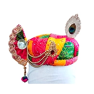 S H A H I T A J Traditional Rajasthani Multi-Colored Silk Krishna Bhagwan Pagdi Safa or Turban with Brooch for God's Idol/Kids/Adults (RT852)