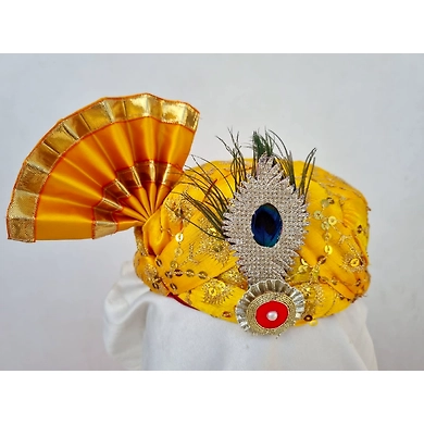 S H A H I T A J Traditional Rajasthani Yellow Mock Cloth Krishna Bhagwan Pagdi Safa or Turban for God's Idol/Kids/Adults (RT864)-ST984_Kids