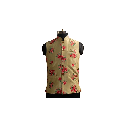 S H A H I T A J Traditional Barati/Groom/Social Occasions Silk Golden with Red Floral Nehru Jacket or Kothi for Adults (MW885)-ST1005_44