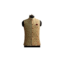 S H A H I T A J Traditional Barati/Groom/Social Occasions Silk Golden with Red Print Nehru Jacket or Kothi for Adults (MW886)
