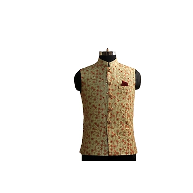 S H A H I T A J Traditional Barati/Groom/Social Occasions Silk Golden with Red Print Nehru Jacket or Kothi for Adults (MW886)-ST1006_44