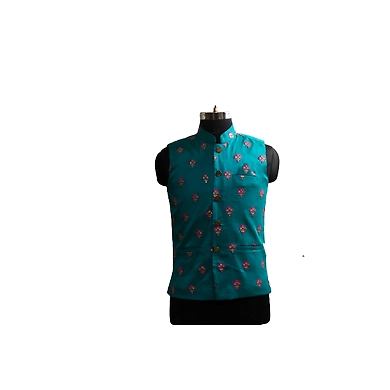 S H A H I T A J Traditional Barati/Groom/Social Occasions Silk Turquoise Floral Nehru Jacket or Kothi for Adults (MW916)-ST1036_38