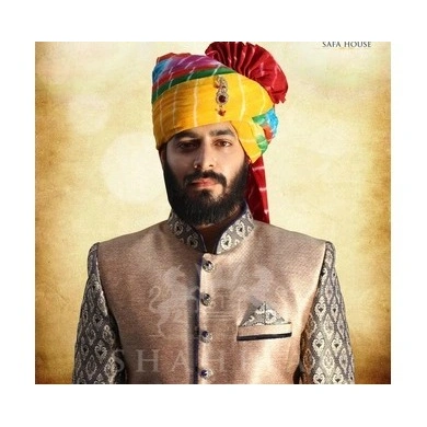 S H A H I T A J Traditional Rajasthani Wedding Barati Cotton Multi-Colored Lehariya Jodhpuri &amp; Rajputi Pagdi Safa or Turban with Brooch for Kids and Adults (CT191)-ST271_20