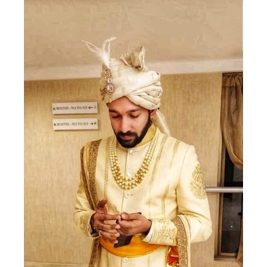 S H A H I T A J Traditional Rajasthani Wedding White Brocade &amp; Silk Jodhpuri &amp; Rajputi Pagdi Safa or Turban for Groom or Dulha (CT272)-ST352_23andHalf