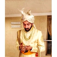 S H A H I T A J Traditional Rajasthani Wedding White Brocade & Silk Jodhpuri & Rajputi Pagdi Safa or Turban for Groom or Dulha (CT272)